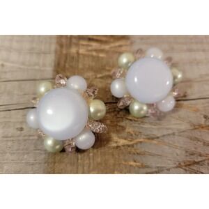 Vintage Flower‎ Clip On Earrings Pearl Beaded Statement Elegant